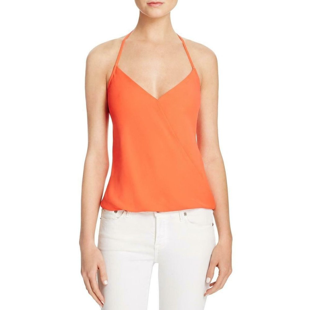 Womens Orange Crepe Surplice Neck Halter Top